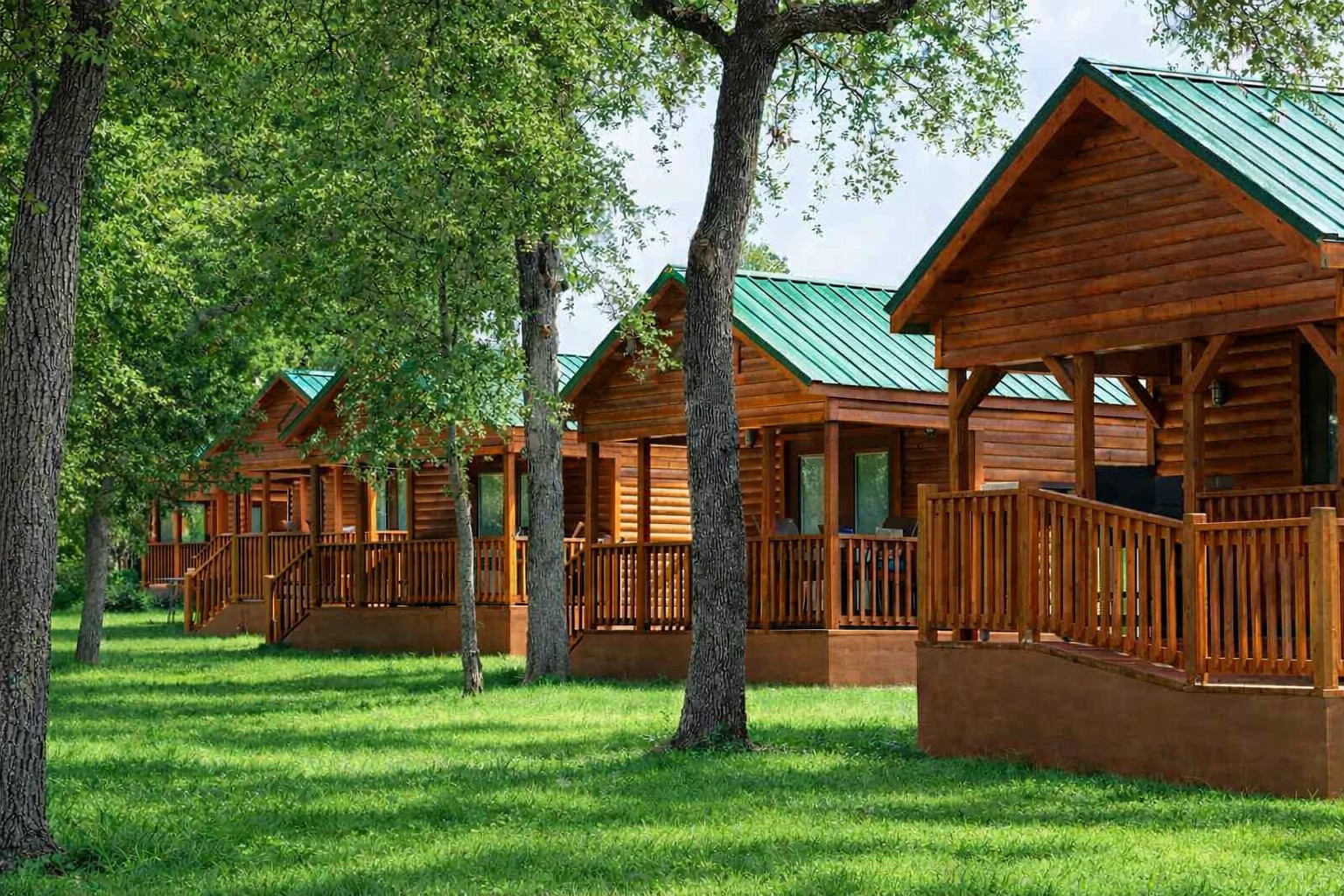 Row of handcrafted log cabins with green metal roofs and covered porches under shade trees at Al's Hideaway in Pipe Creek, Texas Hill Country