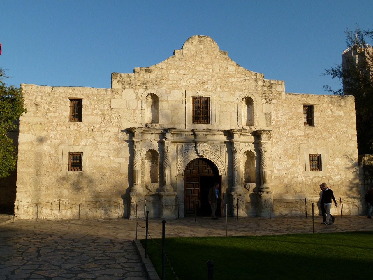 The historic limestone front of the Alamo church in downtown San Antonio, Texas