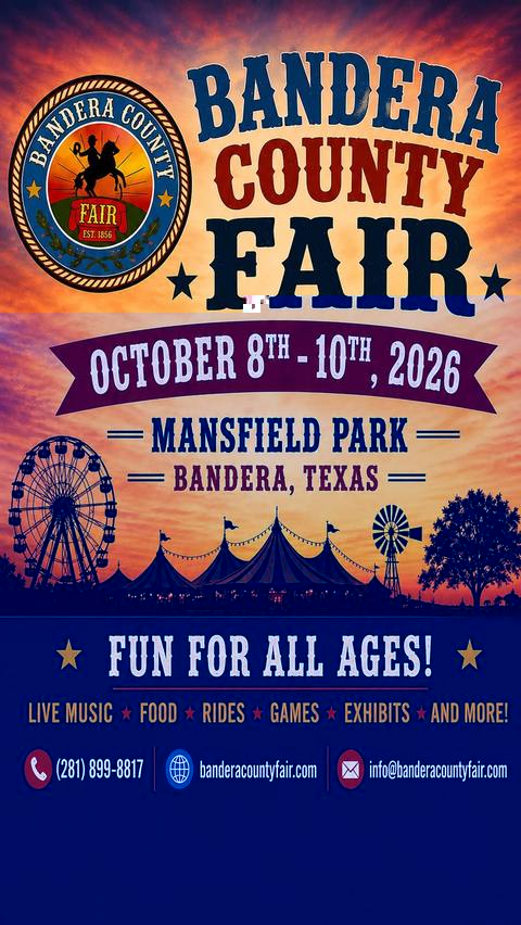 Bandera County Fair poster for October 8-10, 2026 at Mansfield Park, featuring the county fair seal, a Ferris wheel, and carnival tents