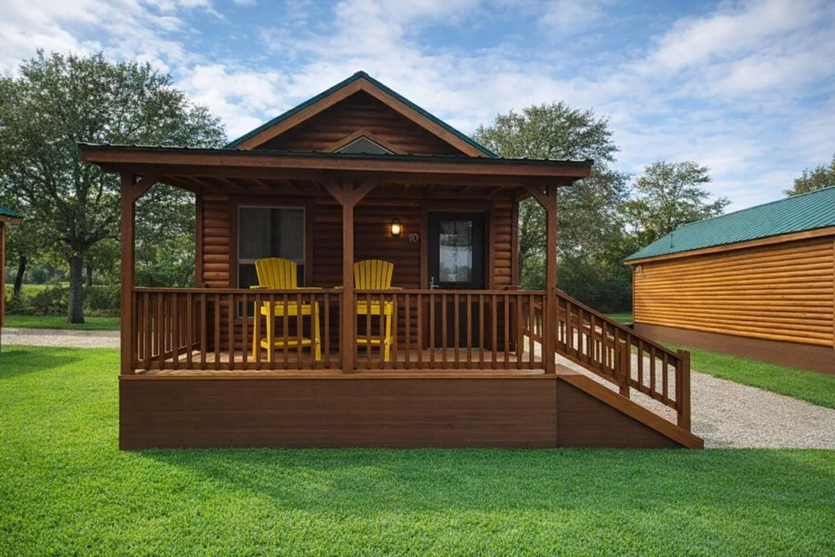 Cabin #10 at Al's Hideaway — cabin exterior with yellow Adirondack chairs on porch