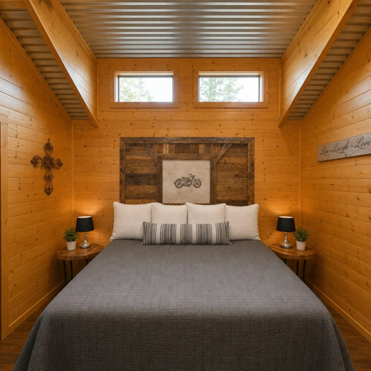 Cabin #2 at Al's Hideaway — rustic bedroom with motorcycle art headboard