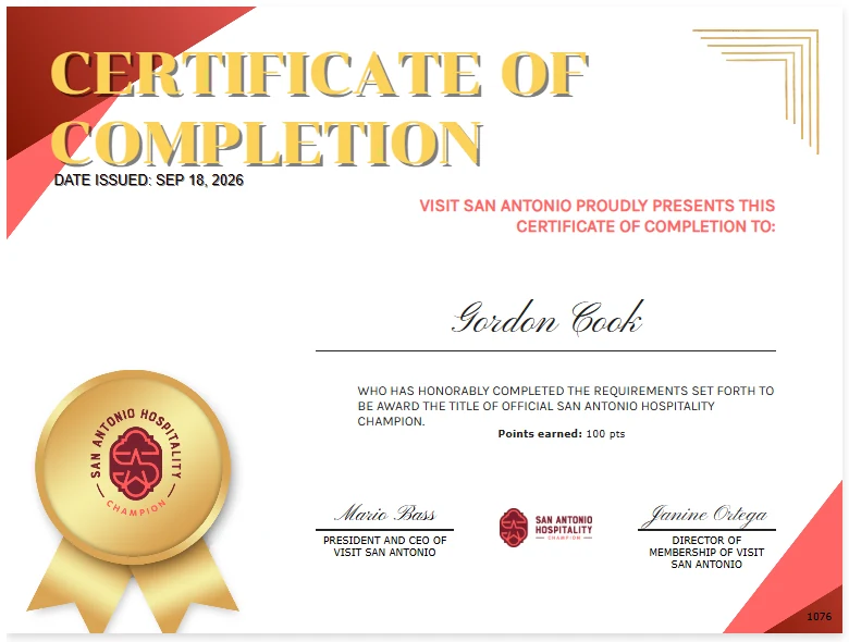Visit San Antonio Certificate of Completion awarding Gordon Cook the title of Official San Antonio Hospitality Champion, issued September 18, 2026