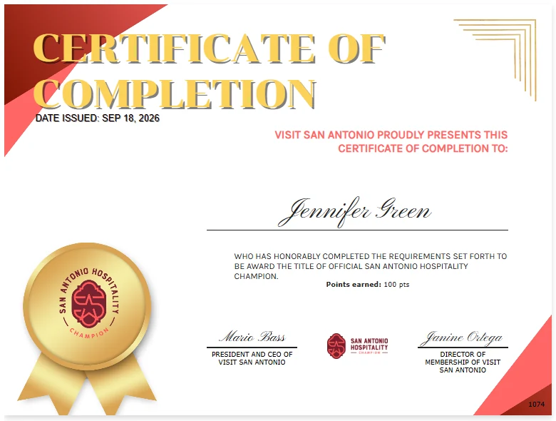 Visit San Antonio Certificate of Completion awarding Jennifer the title of Official San Antonio Hospitality Champion, issued September 18, 2026