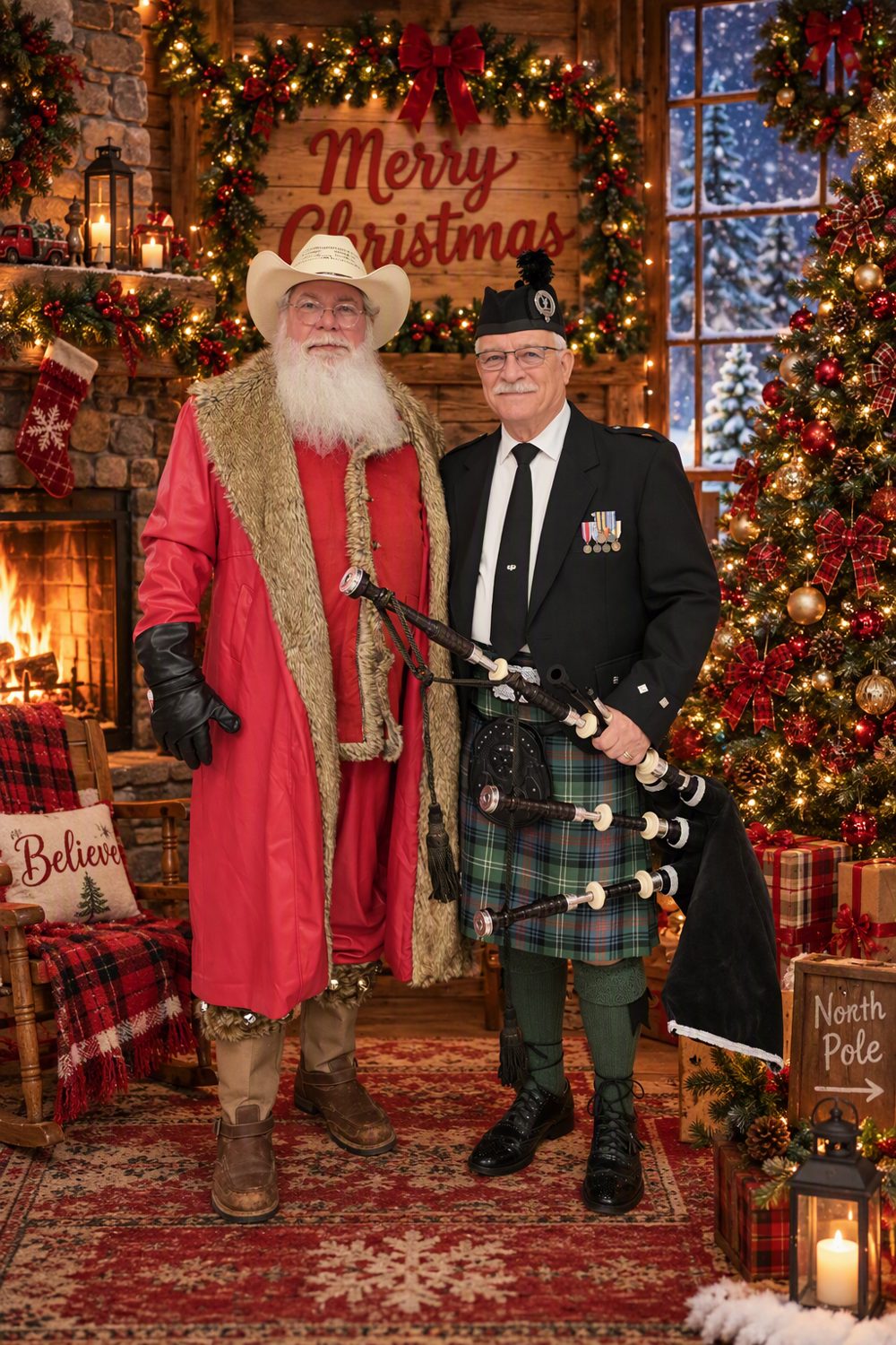 Cowboy Santa and a bagpiper in kilt posing by a Christmas tree and fireplace, holiday fun at Al's Hideaway in Pipe Creek, Texas