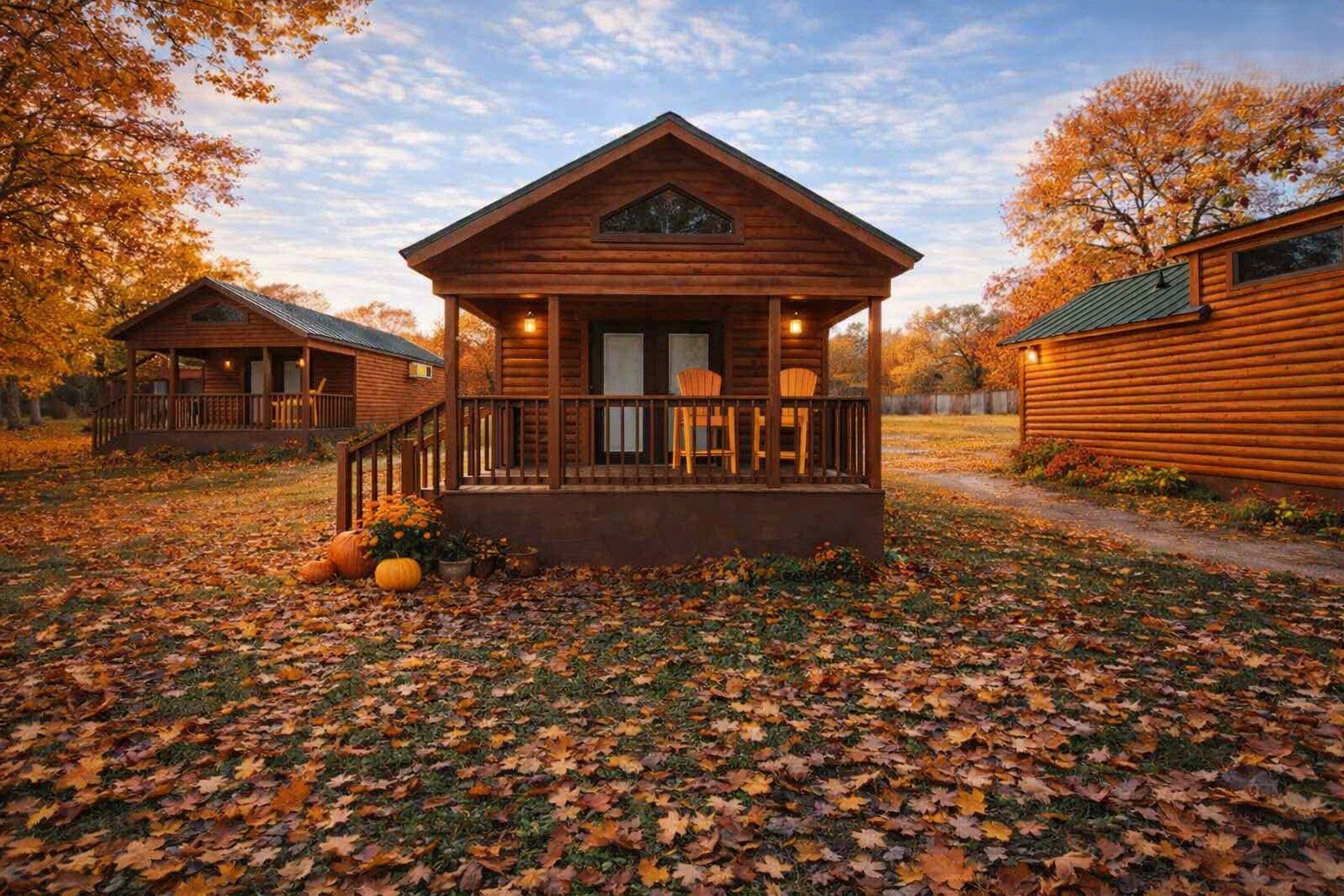 Log cabins with lit porches, pumpkins and fall leaves at Al's Hideaway in Pipe Creek, near Bandera and Boerne in the Texas Hill Country