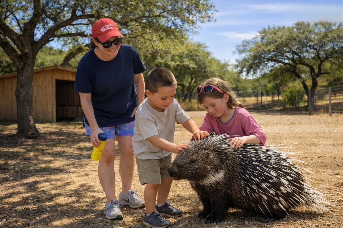 Two young children gently petting an African crested porcupine while a smiling woman looks on at a private animal encounter in Pipe Creek, Texas