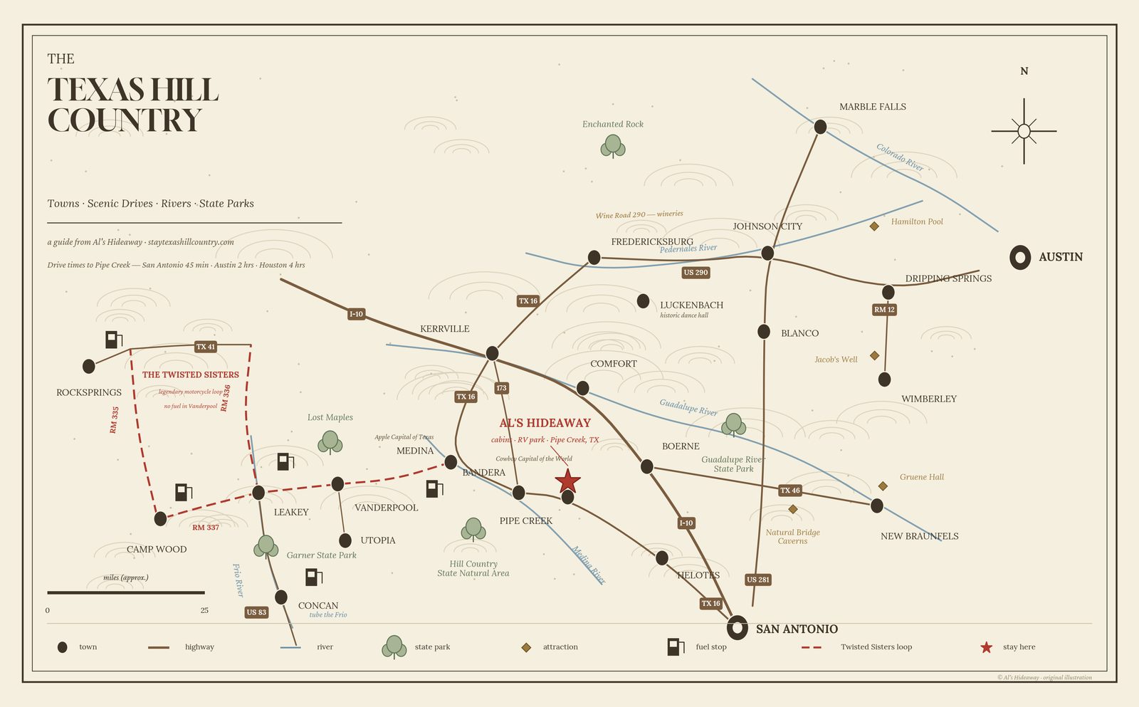 Illustrated map of the Texas Hill Country showing Al's Hideaway in Pipe Creek near Bandera, Boerne, Kerrville, Fredericksburg, and San Antonio, with the Twisted Sisters motorcycle loop, rivers, and state parks marked